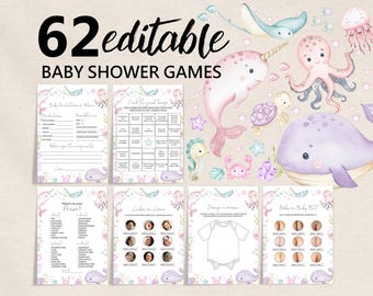 May include: 62 Editable Baby Shower Games with a nautical theme. The games feature illustrations of a narwhal, octopus, whale, seahorse, starfish, crab, and turtle. The games include "Baby Predictions & Advice", "Find Who Knows the Guest of Honor", "What's in Your Purse", "Labor in a Jar", "Dress Up a Diaper", and "Baby or Baby Butt".