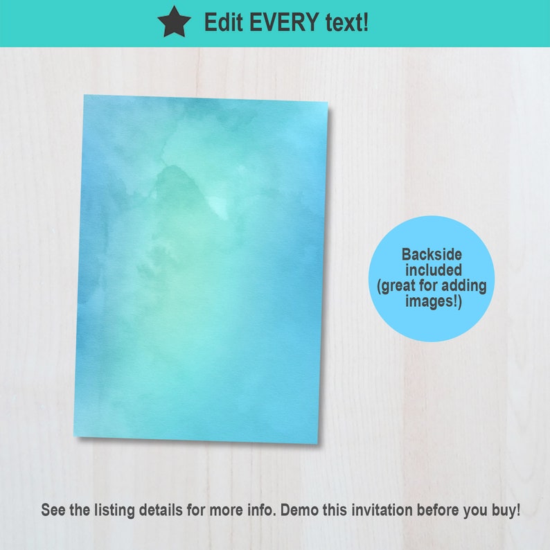 K&ouml;nnte beinhalten: Eine digitale Einladungsvorlage mit einem blauen Aquarellhintergrund. Der Text "Edit EVERY text!" befindet sich oben auf der Vorlage. Der Text "Backside included (great for adding images!)" befindet sich in einem Kreis unten rechts auf der Vorlage. Der Text "See the listing details for more info. Demo this invitation before you buy!" befindet sich unten auf der Vorlage.