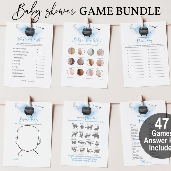 Halloween Baby Shower Games Bundle A baby is brewing Games Pack Spooky Boy game set Blue Digital Editable Template Printable Download Haba2