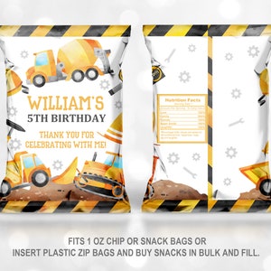 May include: Construction themed party favor bags with a yellow and black striped border. The bags feature a watercolor illustration of construction vehicles and tools. The text on the bag reads "William's 5th Birthday" and "Thank you for celebrating with me!"