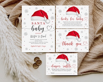 May include: A set of four printable cards for a baby shower with a Santa hat theme. The cards are white with red and silver snowflakes and a red Santa hat. The text on the cards reads "Santa Baby", "Books for Baby", "Thank You", and "Diaper Raffle".