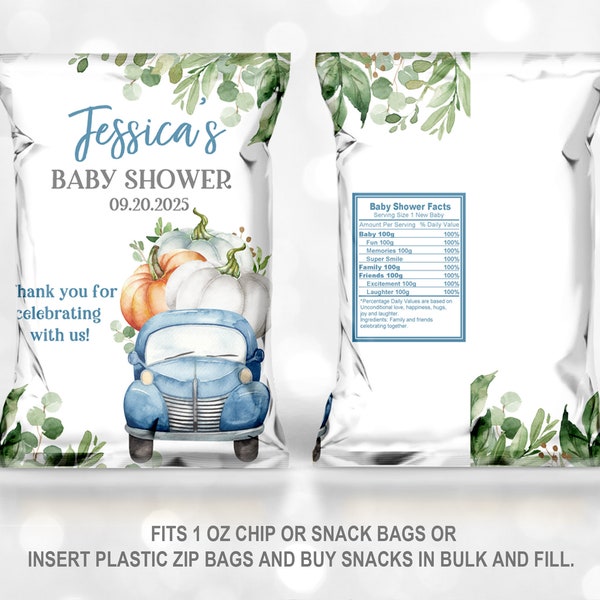 Pumpkin truck chip bag  Blue truck, baby shower favor  EDITABLE, Download  Bab102