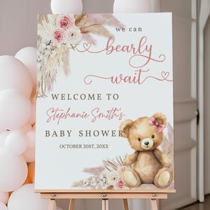 Panneau de bienvenue rose ours en peluche pour baby shower, nous pouvons attendre herbe de la pampa fille bohème ours en peluche affiche de bienvenue modifiable décor imprimable Bab250