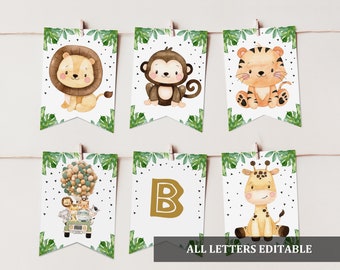 Safari Banner Baby Shower Jungle Animals Banner Jungle Birthday party banner Greenery Girl Boy Editable Download Printable Bab153 Bir297