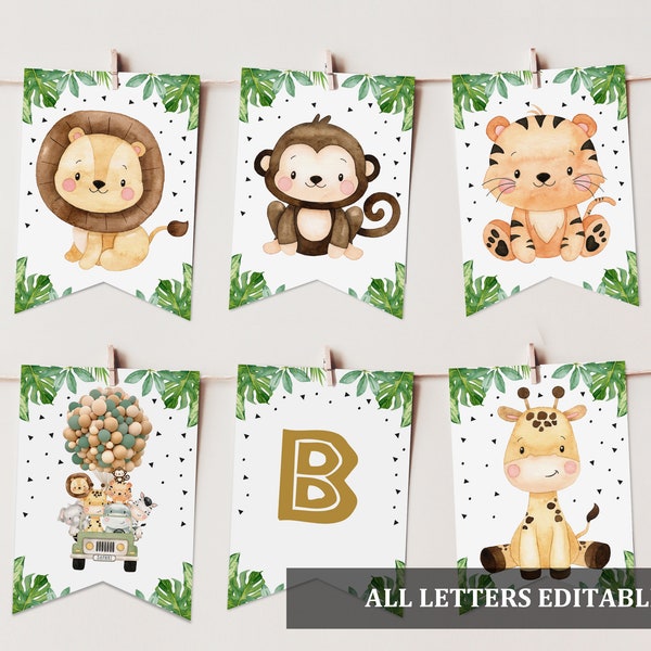 Safari Banner Baby Shower Jungle Animals Banner Jungle Birthday party banner Greenery Girl Boy Editable Download Printable Bab153 Bir297