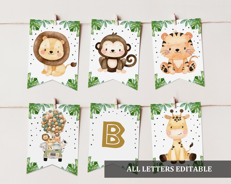 Safari Banner Baby Shower Jungle Animals Banner Jungle Birthday party banner Greenery Girl Boy Editable Download Printable Bab153 Bir297 imagem 1