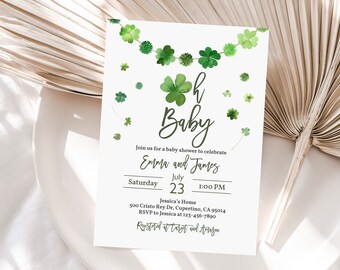 May include: A green and white baby shower invitation with a shamrock design and the text "Oh Baby" and "Emma and James". The invitation includes the date, time, and location of the shower.