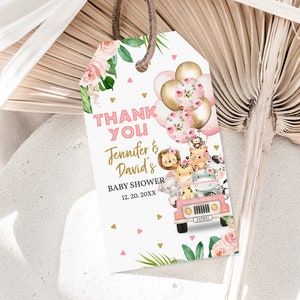 Dschungel-Babyparty-Geschenkanhänger Safari-Babyparty-Dankeschön-Tag Dschungeltiere Geschenkanhänger Mädchen Rosa Ballon Sprinkle Editable Printable Bab211