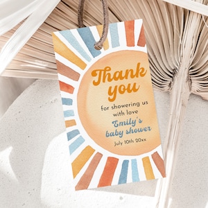 Boho zonneschijn babyshower label Retro Sun Favor Tag Sun afdrukbare Favor Tag Retro Groovy Boy Favor Tag Bewerkbare afdrukbare Download Bab196