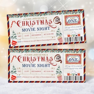 Christmas Movie night invitation ticket Editable Christmas movie night party printable Christmas ticket Holiday movie night invite ChI40