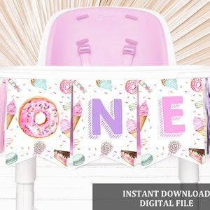 Sweet One Birthday Banner Sweet party decorations High Chair banner ONE High Chair Garland Girl Digital Printable Instant Download Bir360