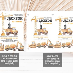 May include: Construction-themed birthday party invitations. The design features a yellow crane, dump truck, and other construction vehicles. The text reads "Jackson is turning 3" and includes party details. Two design options are shown.