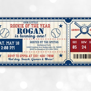 Invitation d'anniversaire de baseball Invitation de fête de baseball Bleu rouge Sport party Boy 1er vintage numérique modifiable imprimable en téléchargement Bir296