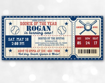 Baseball Birthday Invitation Baseball Party Ticket Invite Blue red Sport party Boy 1st Vintage Digital Editable Printable Download Bir296