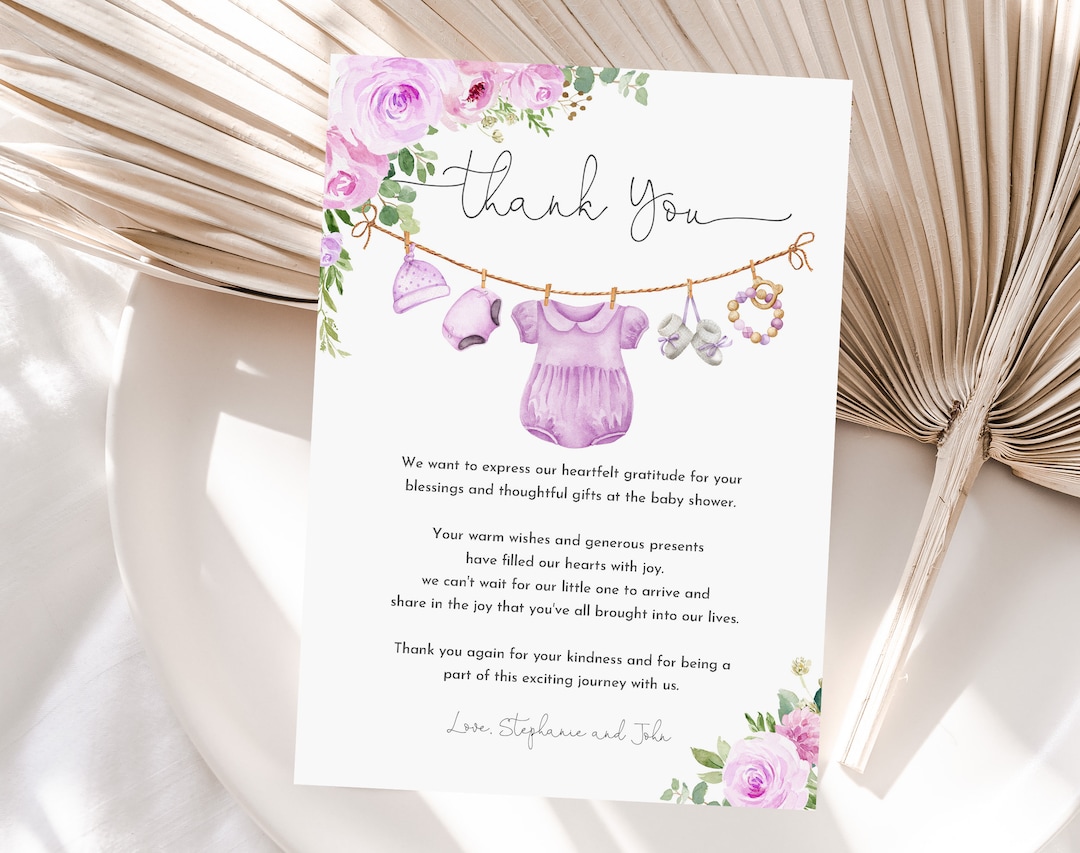 Baby Shower Thank You Card Purple Floral, Boho Style Editable Bab236 — free download