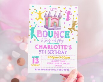 May include: A birthday party invitation with a pink and purple bouncy castle illustration. The invitation includes the text "BOUNCE & Jump and Play!" and details for Charlotte's 5th birthday, including the date, time, and location.