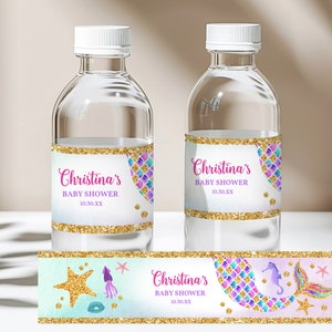 Étiquette de bouteille d'eau de douche de bébé sirène à télécharger MODIFIABLE Bab58