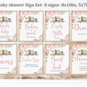 Set di cartelli da tavolo per baby shower nel bosco Decorazioni per feste con animali della foresta Rosa cipria floreale Animali del bosco Modificabile Stampabile Botanico Bab210
