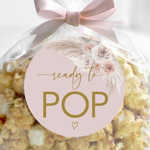 Pampagras babyshower klaar om te knallen sticker Boho afdrukbare tag Boho bloemenmeisje roze gunst label popcorn label Instant download Bab182