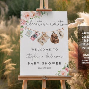 Baby Shower Willkommen Willkommensschild - Adventure Awaits Baby Shower Willkommen Poster Baby Shower Willkommen Poster Rosa Floral Printable Bab269