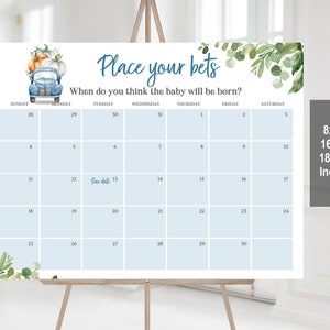 Kürbis LKW Baby Fälligkeit Datum Kalender Zeichen Platzieren Sie Ihre Wetten Spiel Poster Errate Baby Geburtstag Blauer LKW Junge Bearbeitbarer Download Druckbare Bab102