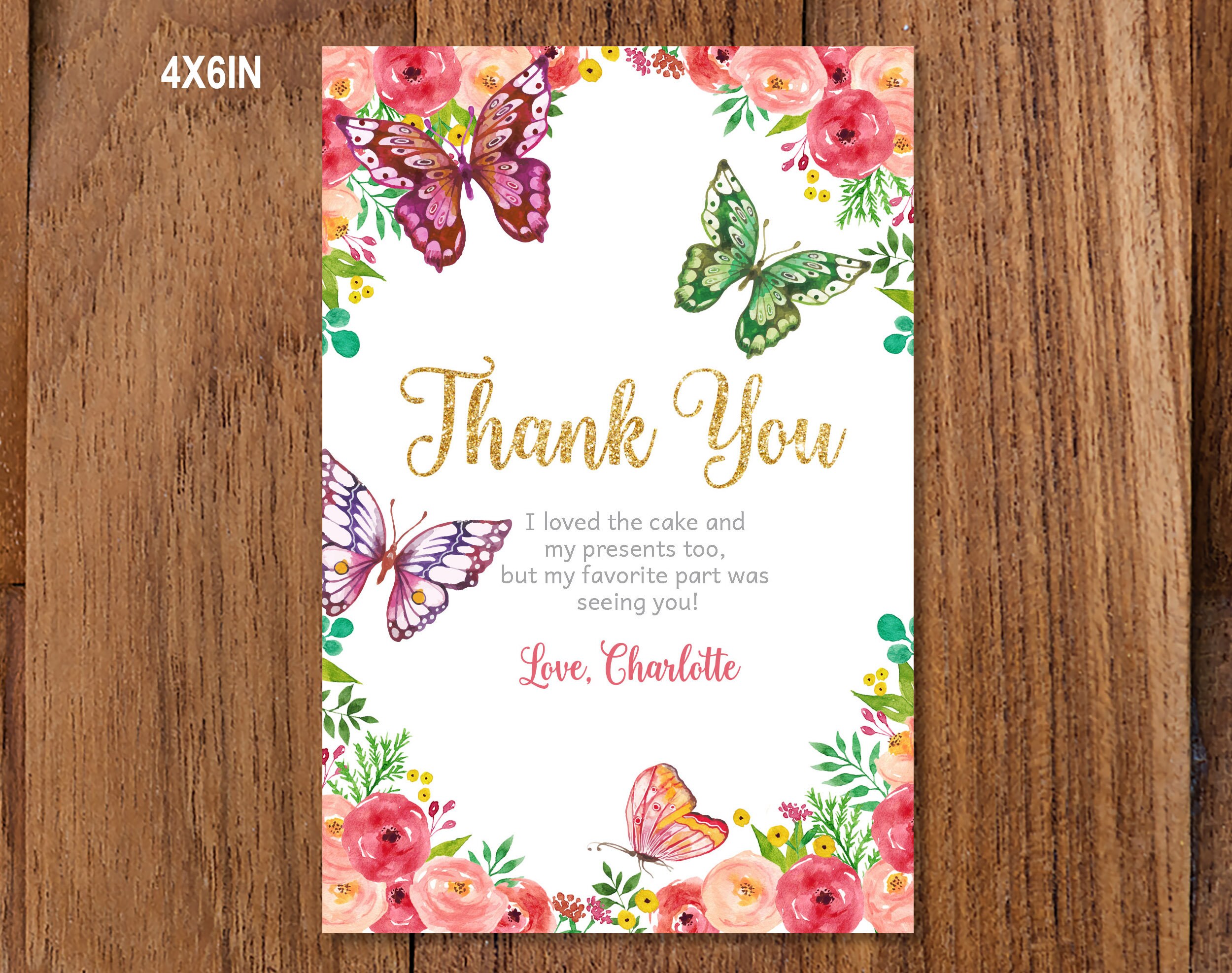 Floral Butterfly Thank you Card/ Printable butterfly thank you | Etsy