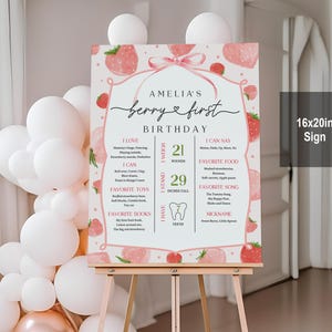 Modèle de tableau d'étapes d'anniversaire aux fraises, thème de la première fête des baies, signe d'étape importante, Sweet One, affiche modifiable rouge rose Bir429
