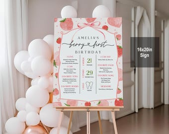 Placa de Aniversário de 1 Ano com Tema de Morango - Pôster Editável para Comemorar o Primeiro Aniversário - Vermelho e Rosa Bir429