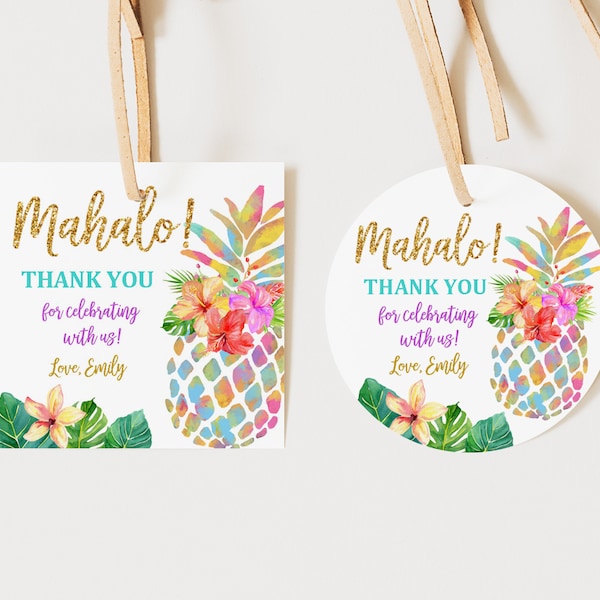 EDITABLE Pineapple Aloha Birthday Thank You Labels Mahalo Favor Tag Round Square Sticker Tropical Party Hawaiian Party Gift Tag Bir130
