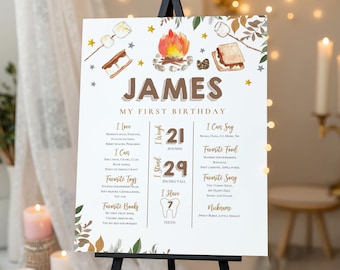 Puede incluir: Un póster blanco sobre un caballete negro con el nombre "JAMES" y "MY FIRST BIRTHDAY" en texto marrón. El póster incluye detalles sobre el peso del niño (9,5 kg) y la altura (73,7 cm), junto con cosas favoritas.