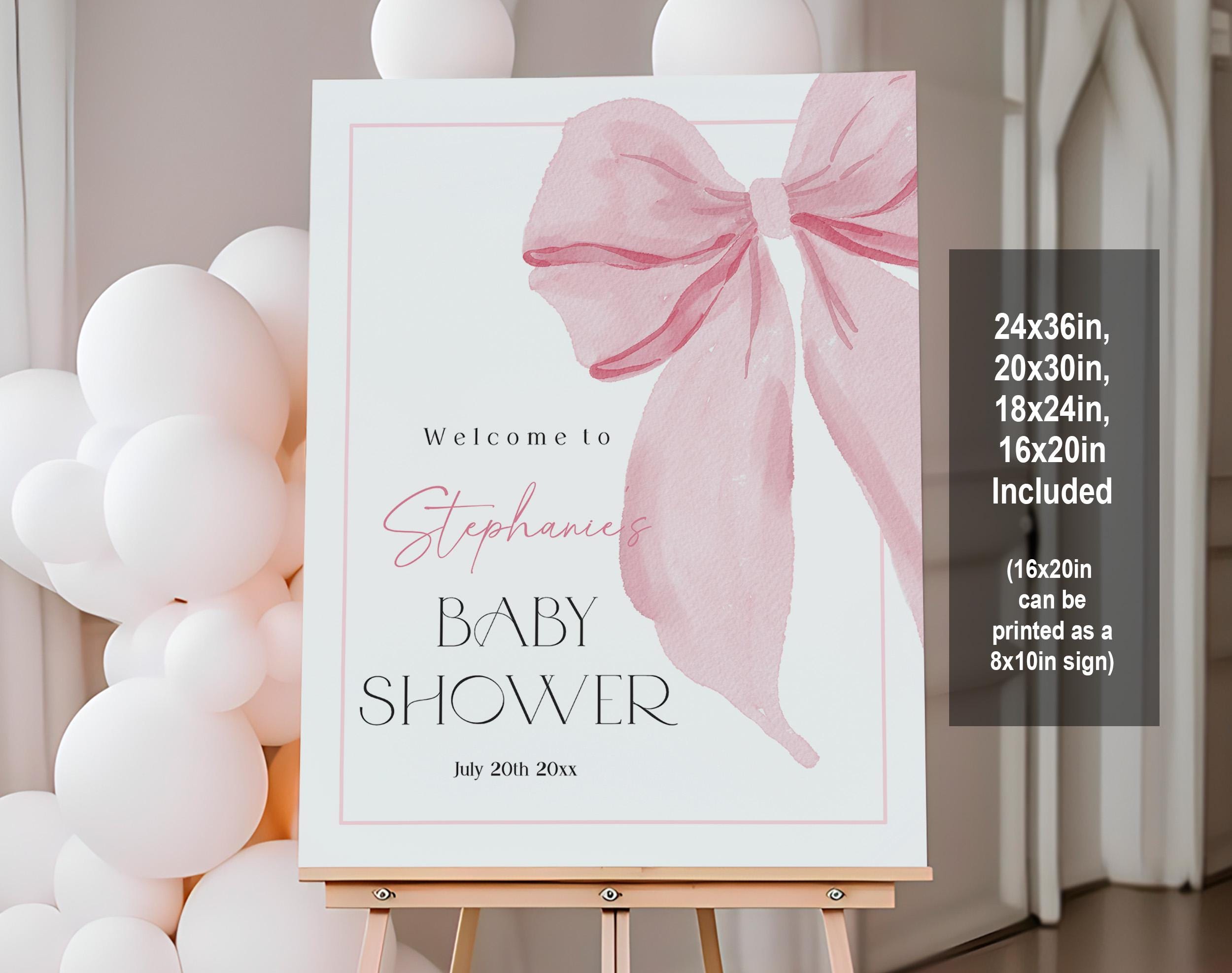 Pink Bow Baby Shower Welcome Sign - Editable Watercolor Ribbon Digital ...