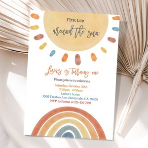 First Trip Around the Sun Birthday Invitation Sunshine Rainbow Party Invite Boy Girl 1st Boho Sun Neutral Editable Printable Download Bir298