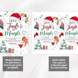 K&ouml;nnte beinhalten: Eine druckbare Weihnachtsfeier-Einladung mit einem roten und gr&uuml;nen Aquarell-Design. Die Einladung lautet "Let's Jingle & Mingle" mit einem Lebkuchenmann und einem Martini-Glas. Die Einladung enth&auml;lt Datum, Uhrzeit, Ort und RSVP-Informationen.