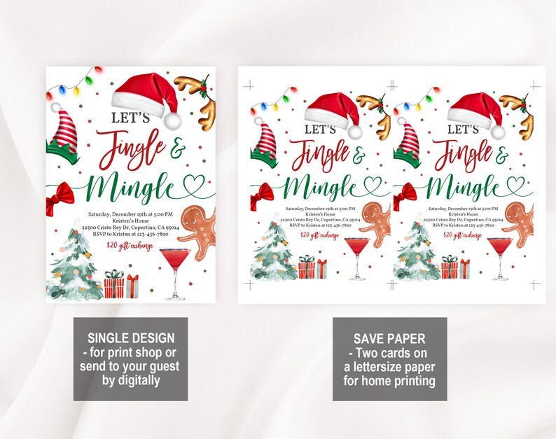 K&ouml;nnte beinhalten: Eine druckbare Weihnachtsfeier-Einladung mit einem roten und gr&uuml;nen Aquarell-Design. Die Einladung lautet "Let's Jingle & Mingle" mit einem Lebkuchenmann und einem Martini-Glas. Die Einladung enth&auml;lt Datum, Uhrzeit, Ort und RSVP-Informationen.