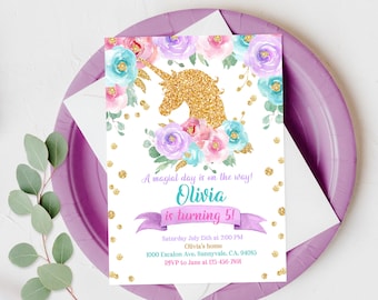 Unicorn Birthday Invitation: Pink Gold Glitter Rainbow Party Bir228