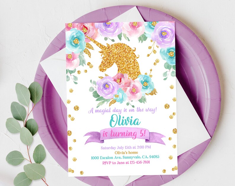 Unicorn Birthday Invitation Rainbow Party Gold Glitter Pink Girl Magical Day Invites Digital EDITABLE Printable Template