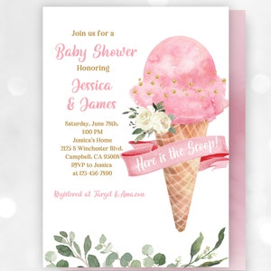 Ice cream Baby Shower Invitation Here's the scoop It's a girl Pink Ice cream Cone Invite Summer Digital Editable Printable Download Bab92