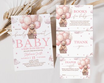 Puede incluir: Invitación de baby shower rosa y blanca con un osito de peluche en un globo aerostático. La invitación incluye el texto "We can barely wait Baby" y "A baby is on the way".