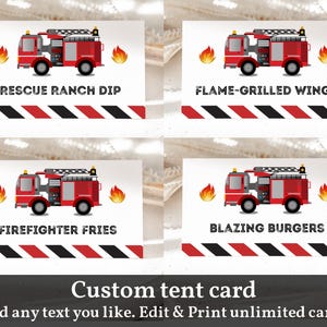Cartes modifiables de tente de fête de camion de pompier, étiquettes de nourriture de pompier, carte d'anniversaire de camion de pompier, cartes de buffet, anniversaire de pompier imprimable Bir71
