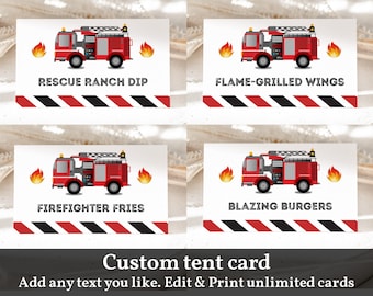 May include: Four printable tent cards featuring a red fire engine with black ladders and a white background. The cards have red and black striped borders. The text on the cards reads: "Rescue Ranch Dip", "Flame-Grilled Wings", "Firefighter Fries", and "Blazing Burgers".