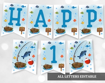 Pancarta de fiesta de pesca: Decoración de cumpleaños imprimible (archivo editable Bir243)