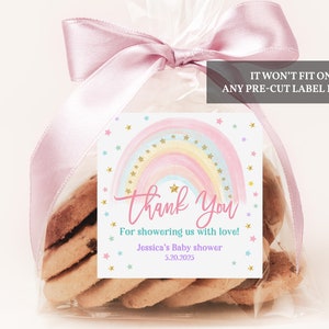 Étiquette de remerciement arc-en-ciel pastel pour baby shower, étiquettes pour cadeaux, autocollant carré, décoration de fête arc-en-ciel, téléchargement imprimable et modifiable pour fille, Bab155