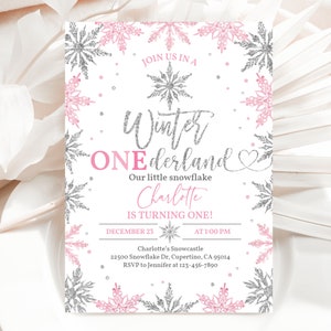 Winter Onederland Invitation Pink Snowflake First Birthday Invite Winter wonderland Pink Silver Snowflake Editable Printable Download Bir19