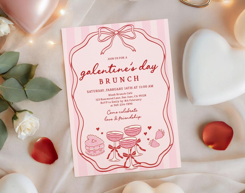 May include: Pink Galentine's Day brunch invitation with a bow-shaped frame and vertical stripes. The invitation includes text about the event, featuring illustrations of champagne glasses, a cake, and strawberries. The invitation is surrounded by decorative elements.