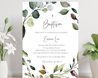 Könnte beinhalten: Eine Taufeinladung mit einem Aquarell-Blumendesign in Grün- und Burgunder-Tönen. Der Text lautet "Taufe" und "Emma Lee" mit Datum und Uhrzeit der Veranstaltung, der Adresse der Kirche und den RSVP-Informationen.