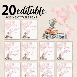 May include: A collection of 20 editable table signs with a travel theme. The signs feature a watercolor world map, a globe, vintage suitcases, and a camera. The signs include text such as "Welcome On Board" and "Passenger Check-In."