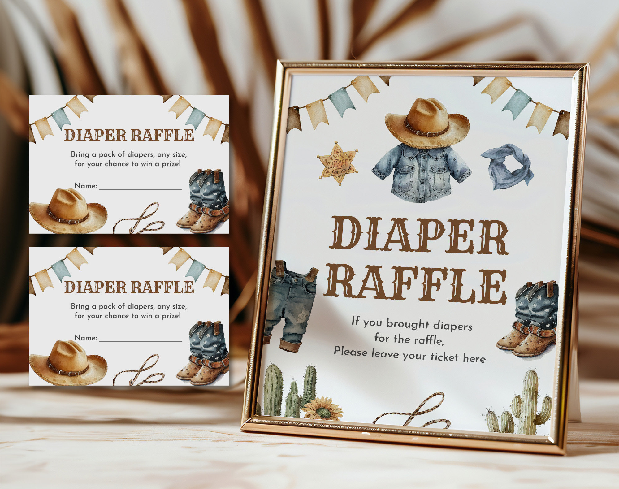 Little cowboy diaper raffle sign and ticket Wild west baby shower game Bring a pack of diapers Boy Rustic Country Editable Printable Bab241