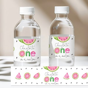 Étiquettes modifiables roses pour bouteille d'eau Un dans un melon Modèles de pastèque Décoration de premier anniversaire pour fille Bir343
