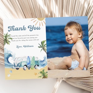 Bearbeitbare Surfing Party Foto Dankeschön Karte The Big One Surf 1st Birthday Danke Junge Beach Ocean Wave Sommer Pool Party Printable Bir345