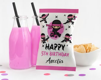 May include: Pink and white chip bag with a ninja girl design. The bag says "Happy 5th Birthday Amelia".